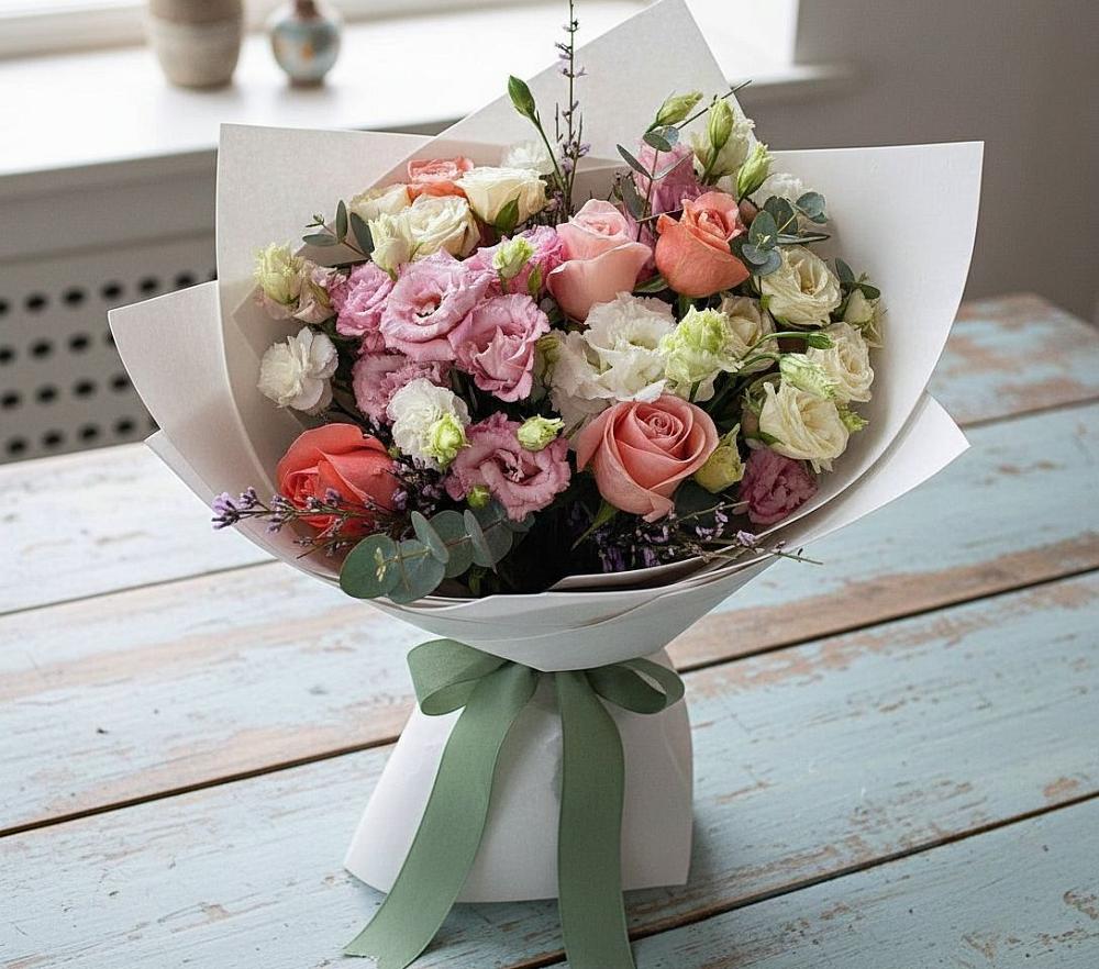 Букет цветов из: Розы, Лизиантусы и Гвоздики в Михайлове