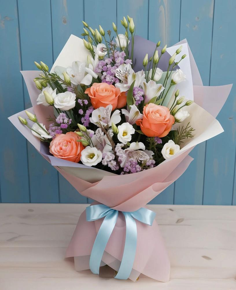 Букет цветов из: Лизиантусы, Розы, Альстромерии и Гипсофила в Михайлове