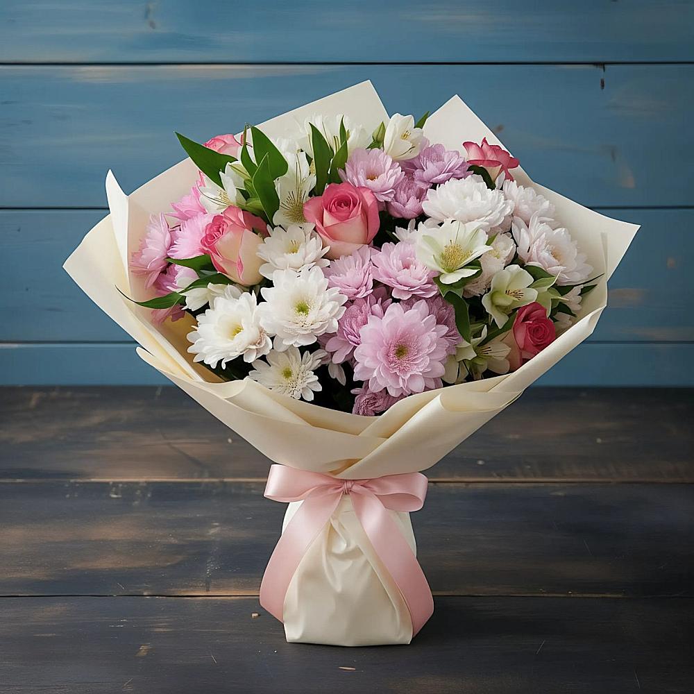 Букет цветов из: Хризантемы, Альстромерии и Розы в Михайлове